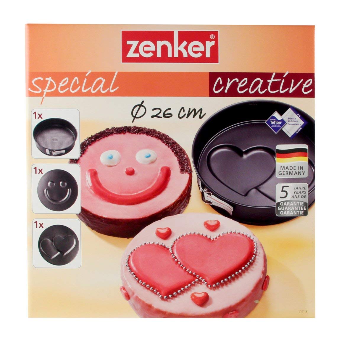 zenker-tortiera-apribile-3-in-1-con-fondi-3d-normale-cuore-e-smile-26-cm-rivesti image 2