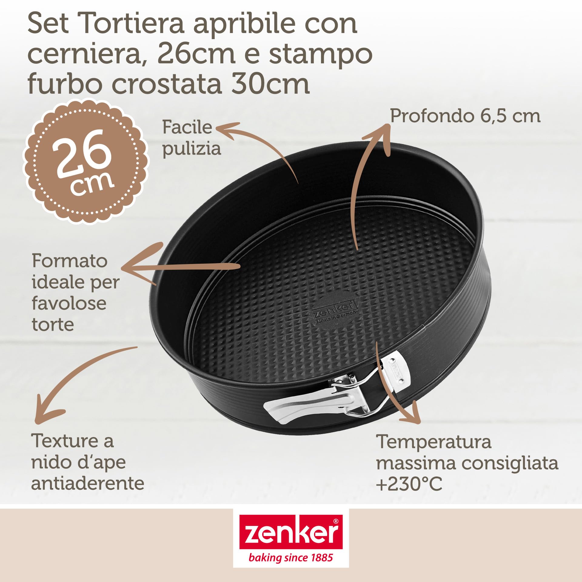 zenker-set-tortiera-a-cerniera-e-stampo-per-crostate-con-base-a-nido-d-ape-26-cm image 2